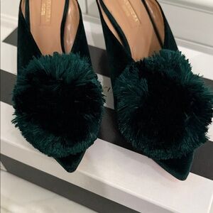 Aquazzura Emerald Green Velvet Pom-Pom Pointed Mules